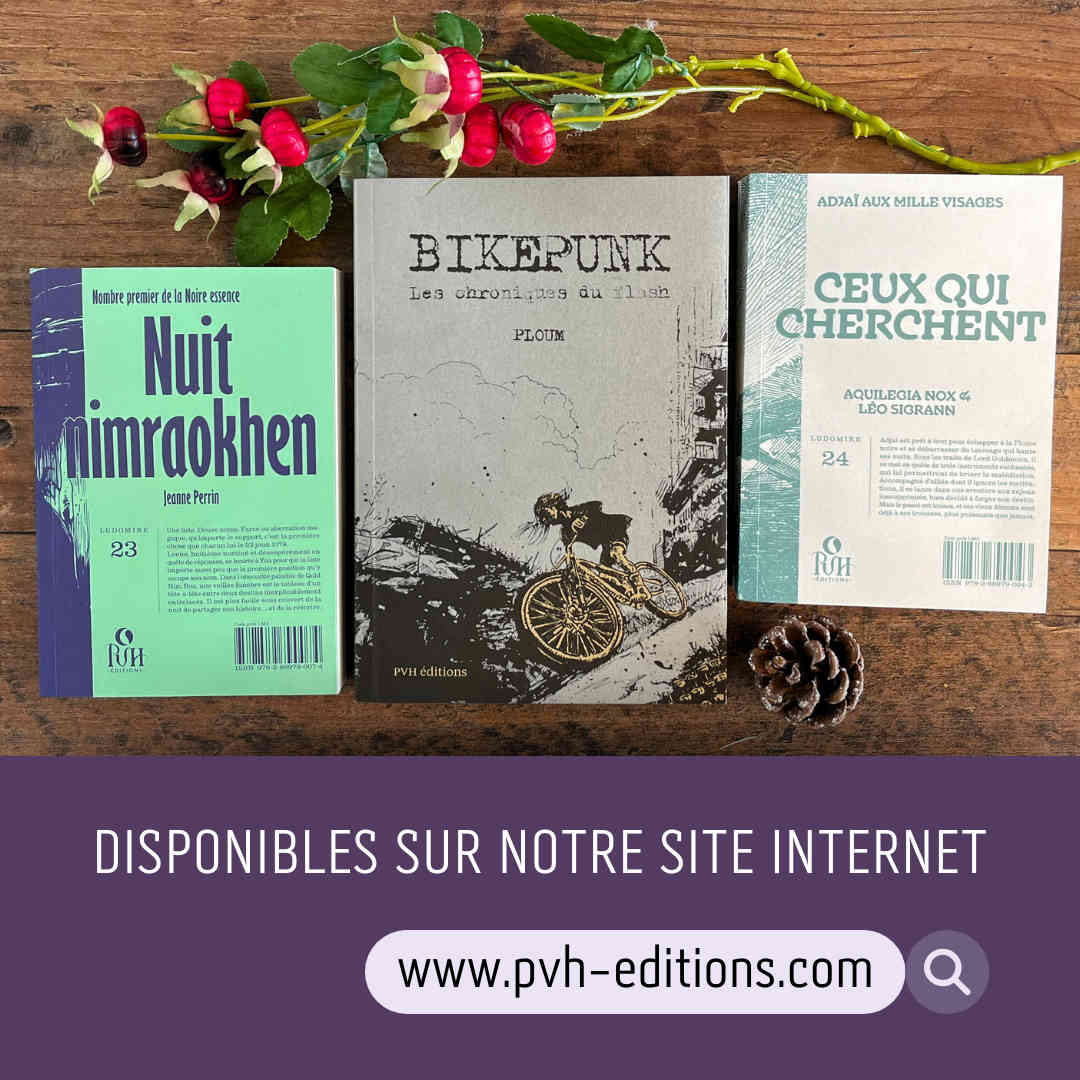 Les trois livres de PVH éditions, nouveautés d'octobre et novembre :
Nuit nimraokhen, Bikepunk et Ceux qui cherchent. Disponible sur notre site internet